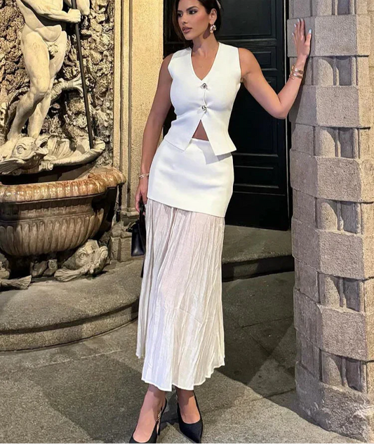 Button Knit Top Side Zipper Skirt Suit