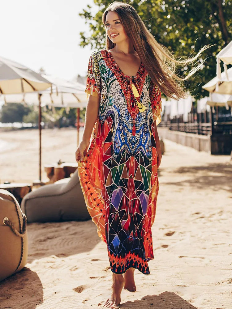 Geometric Printed Lace Up V-Neck Cover Up color / One Size
