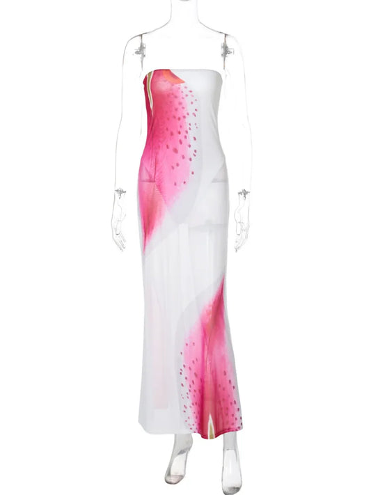 Mesh Floral Print Off-shoulder Long Dress