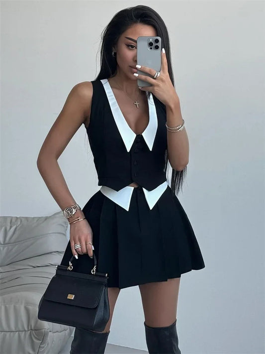 Sleeveless Top High Waist Pleated Skirt Suit