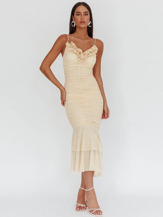 Two Layer Mesh Spaghetti Strap Backless Long Dress