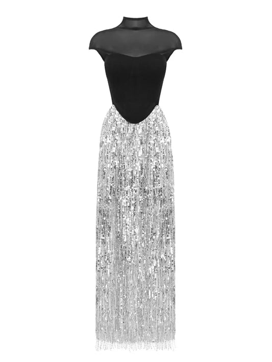 Black Fishbone Top Sequin Mesh Long Skirt Set