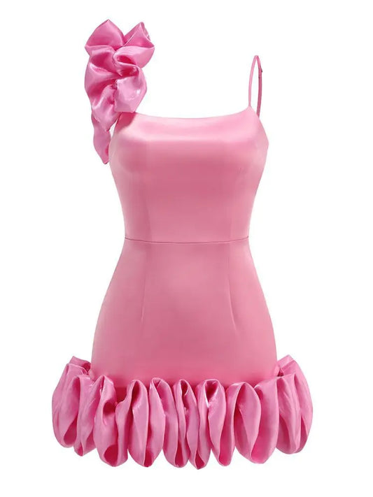 Pink One Shoulder Ruffles Mini Dress