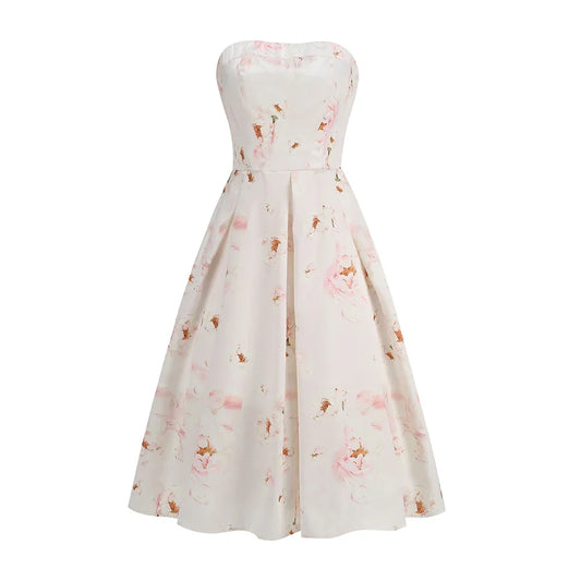 Floral printed strapless back tied rope dress