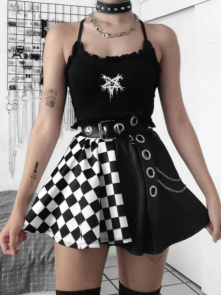 Plaid Patchwork Pleated Mini Skirt Black / S