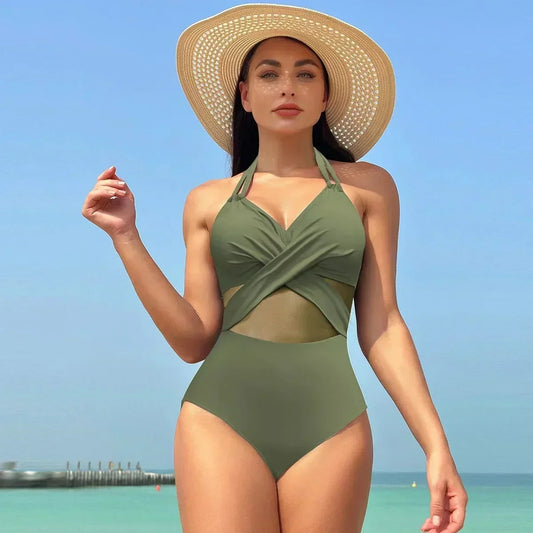 Solid Mesh V-neck One Piece Set army green / S