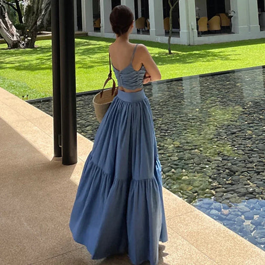 Denim Camisole Top Large Swing Long Skirt Suit