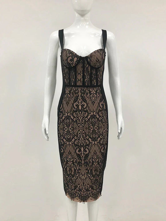 Lace Patchwork Black Midi Dress