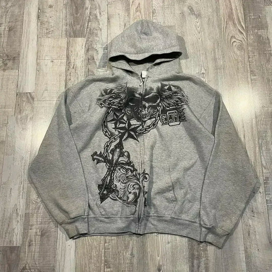 Dark Skull Oversized Zipper Hoodie gray / S