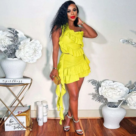 Ruffles Ribbons One Shoulder Top Mini Skirts Suits