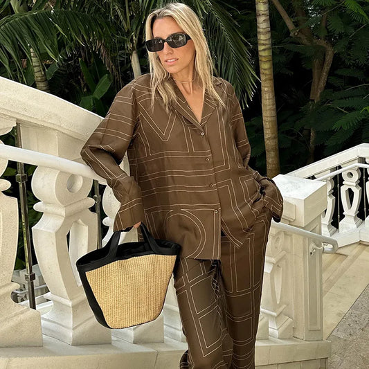 Long Sleeved Silk Geometric Shirt High Waist Pant Set