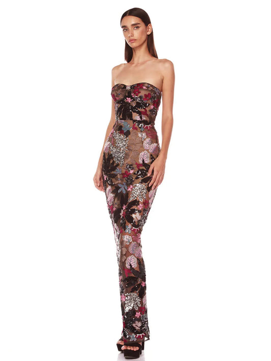 Sequin Floral Strapless Maxi Dress