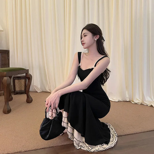 Black Ruffle Trim Fishtail Midi Dress