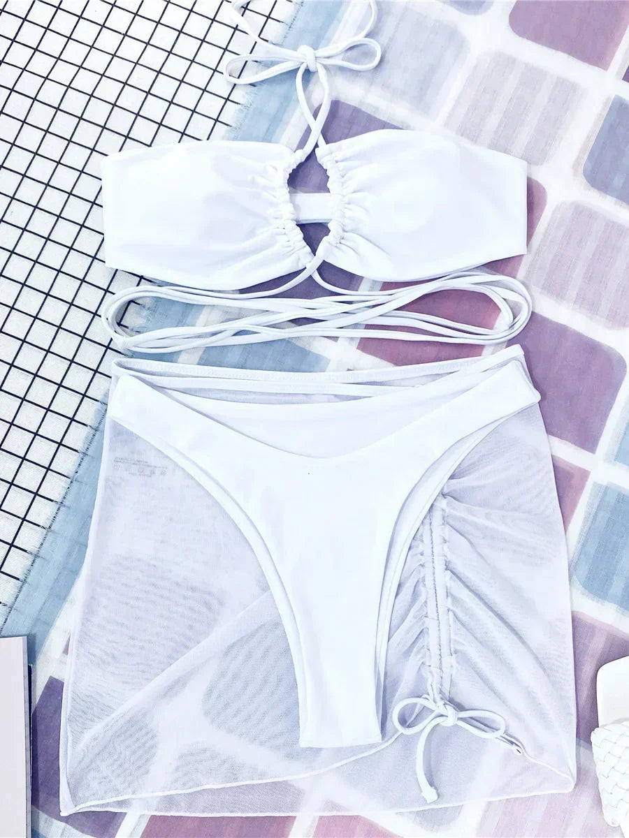 Mesh Sarong Skirt Bikini Three Piece Swimsuit White / S