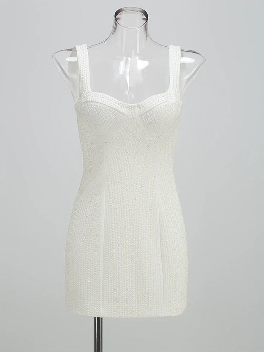 White Spaghetti Strap Diamonds Mini Dress