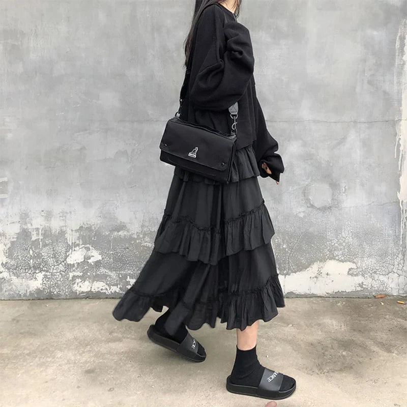 Gothic High Low Ruched Ruffle Skirt