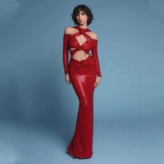 Luxury V-Neck Slit Evening Dress â€?Floral Hem Party Elegance