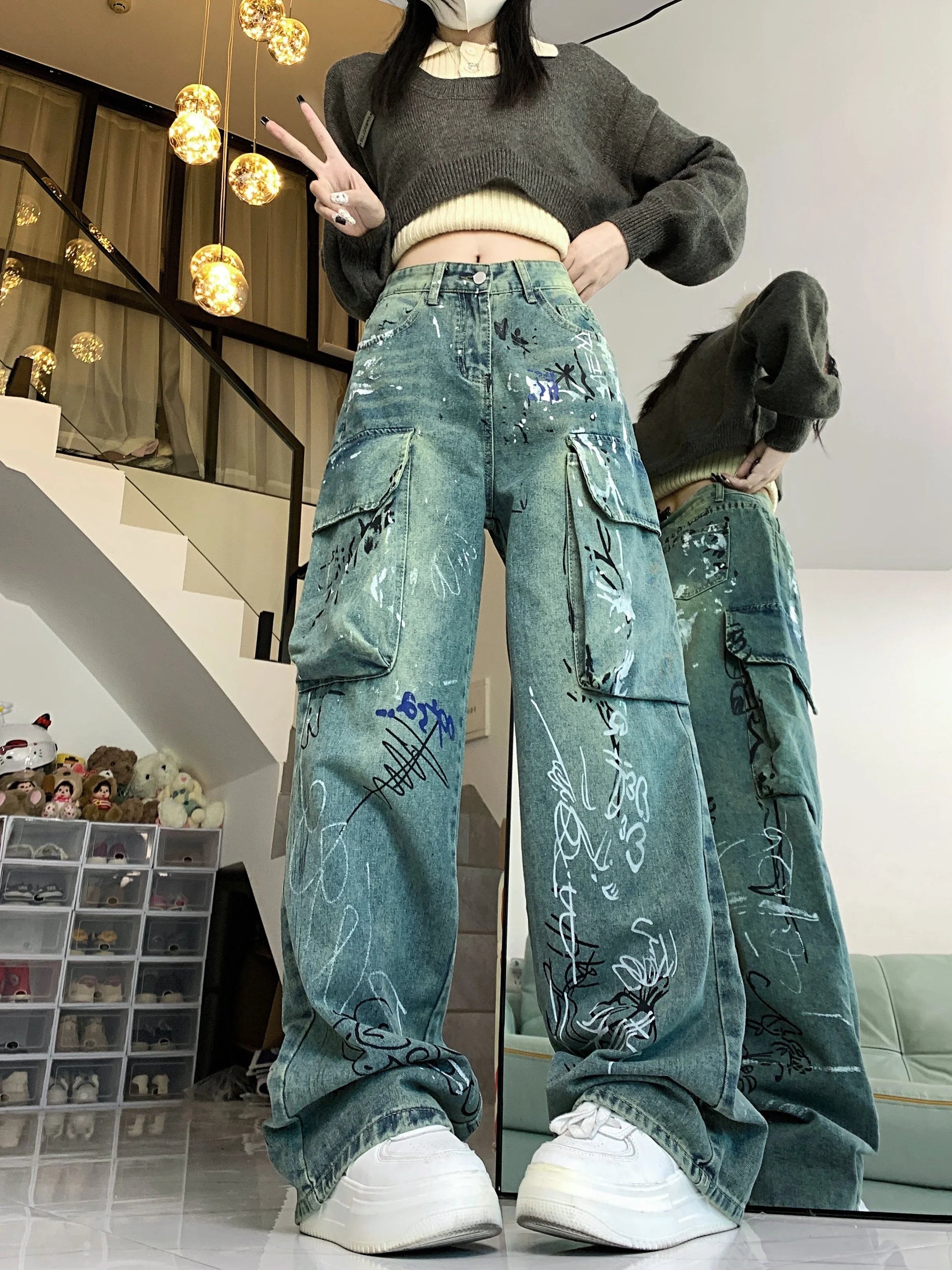Graffiti Printed Gothic Cargo Pant Blue / S