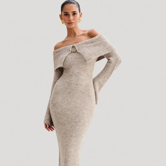 Fluffy Solid Knitted Off Shoulder Midi Dress