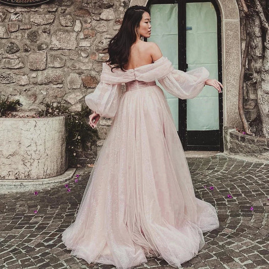 Off The Shoulder Long Puff Sleeve Slit Prom Dress
