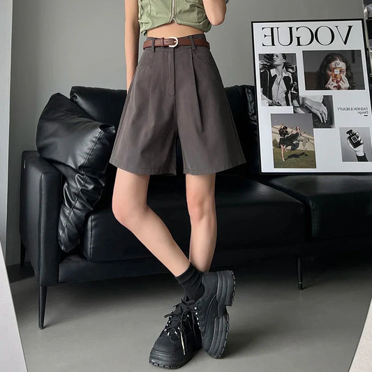 Casual Workwear Women's Shorts Summer Wide Leg High Waist Pockets Minimalism Loose Shorts