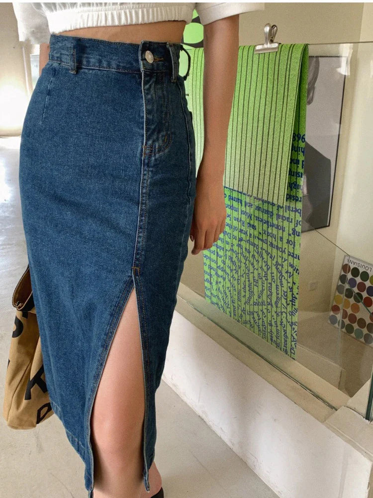 2024 Midi Spring Summer Side Split High Wasit Jeans Straight Female Skirt