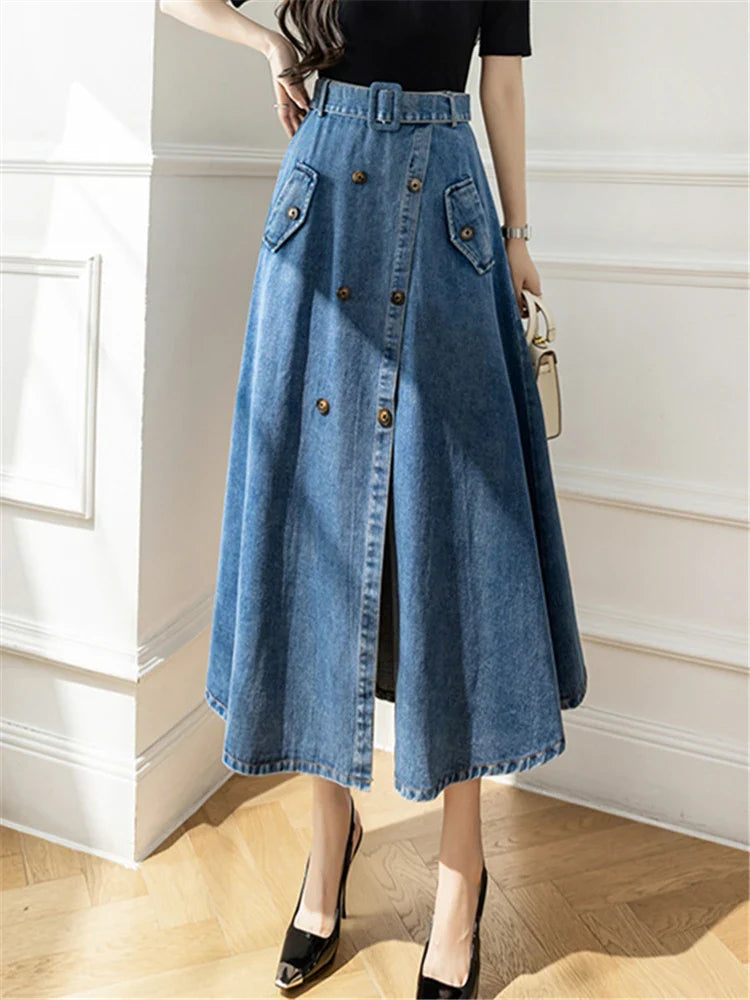 2024 Women's Long Skirt With High Wasit Double Breasted Umbrella Jeans Female Skirt