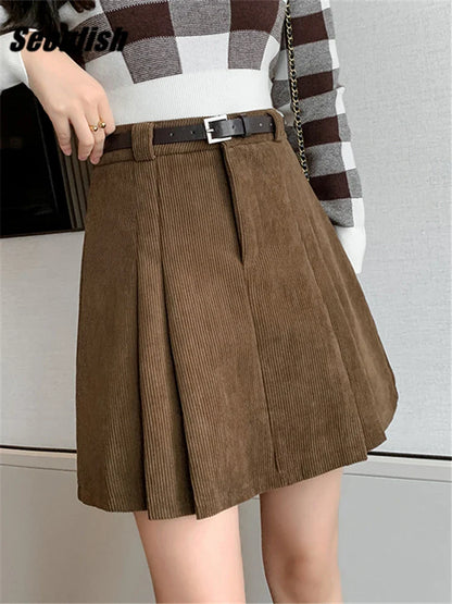 Women Mini Skirts With Belted 2024 New High Waist Classic Pleated Shorts