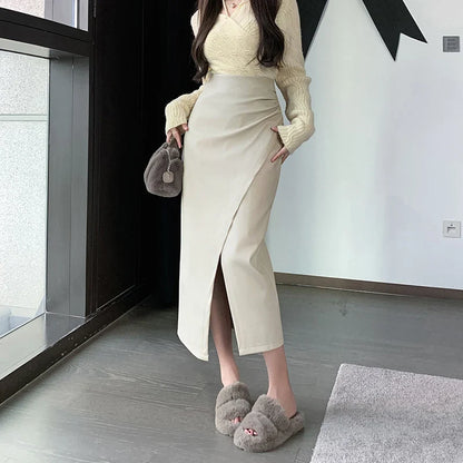 Autumn Front Split Long 2024 New High Waist Classic Office Pleated A-Line Skirt