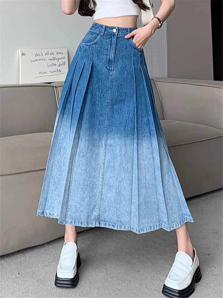 Waist Gradient Pleated Women's Denim Long For Spring Summer Casual Blue Jeans Pockets New Skirt