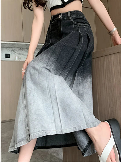 Waist Gradient Pleated Women's Denim Long For Spring Summer Casual Blue Jeans Pockets New Skirt