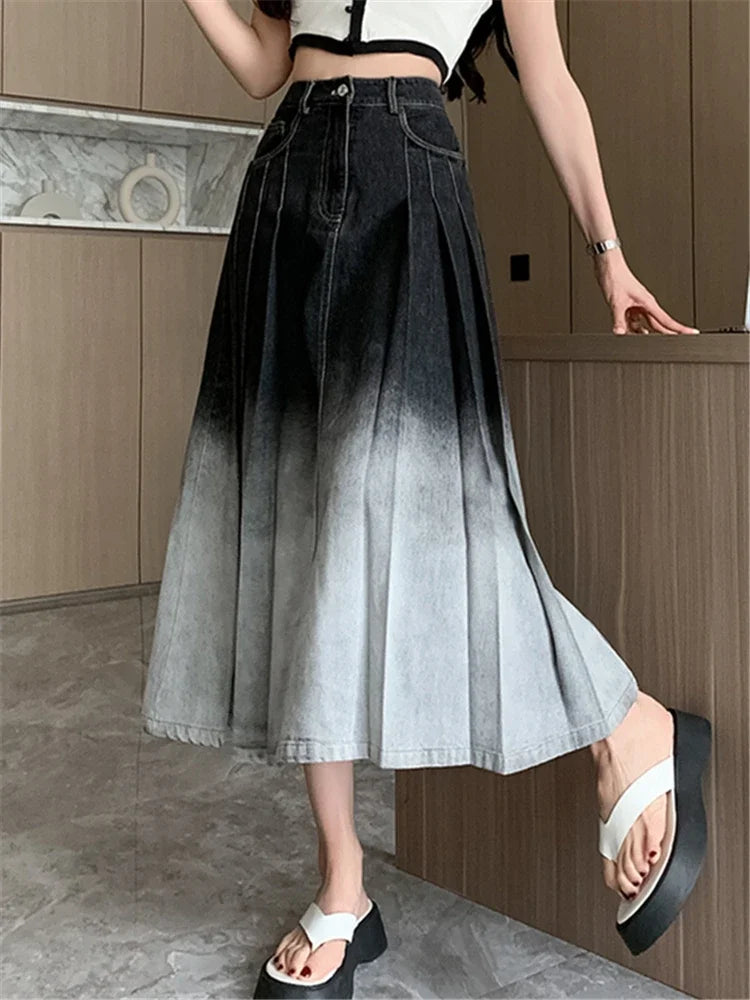 Waist Gradient Pleated Women's Denim Long For Spring Summer Casual Blue Jeans Pockets New Skirt