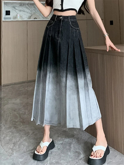 Waist Gradient Pleated Women's Denim Long For Spring Summer Casual Blue Jeans Pockets New Skirt