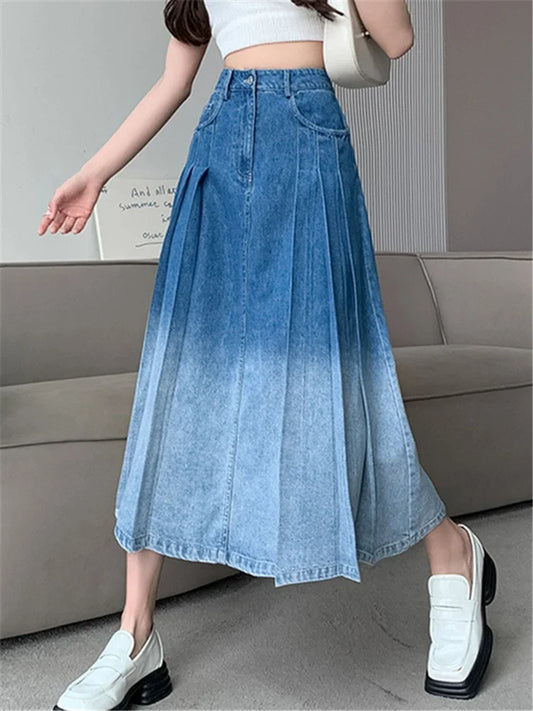 Waist Gradient Pleated Women's Denim Long For Spring Summer Casual Blue Jeans Pockets New Skirt