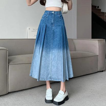 Waist Gradient Pleated Women's Denim Long For Spring Summer Casual Blue Jeans Pockets New Skirt