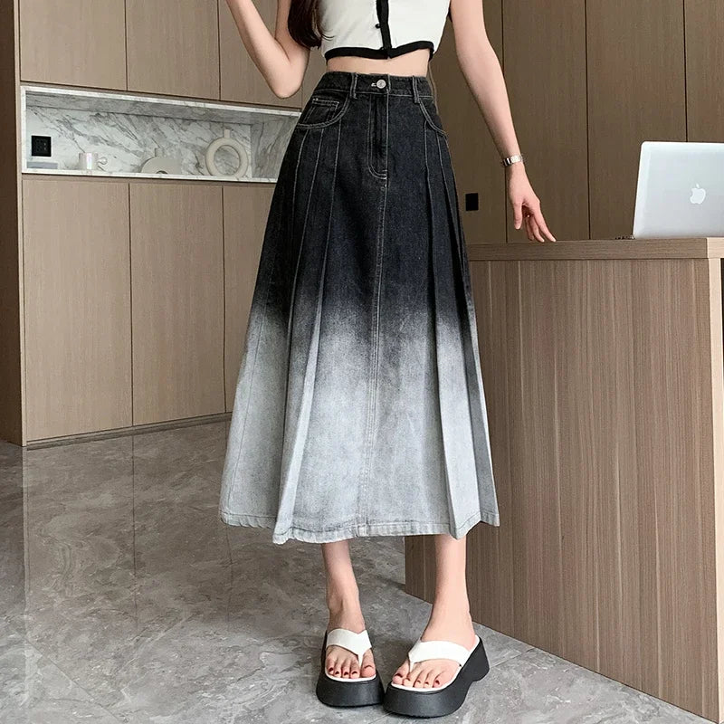 Waist Gradient Pleated Women's Denim Long For Spring Summer Casual Blue Jeans Pockets New Skirt