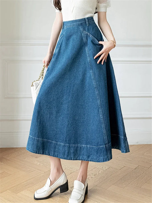 Waist Women's Denim Long A-Line Spring Summer Vintage Cowboy Jeans Umbrella Pockets New Skirt