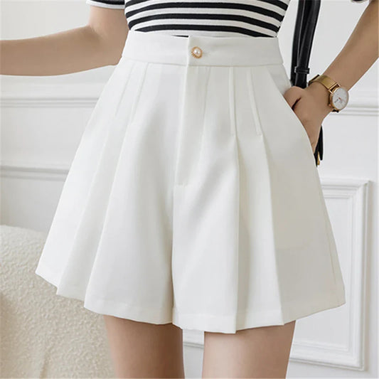 Waist Women's Pleated Shorts 2024 Summer Elegant Solid Pockets Office Lady Style Casual Shorts