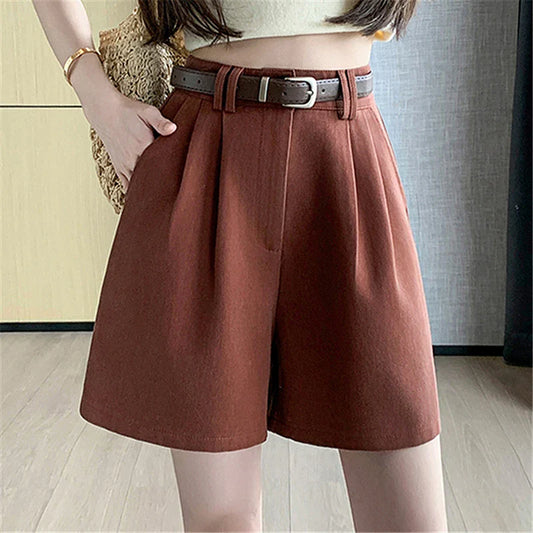 Waist Women's Shorts With Belt 2024 Summer Elegant Solid Pockets Office Lady Style Casual Shorts