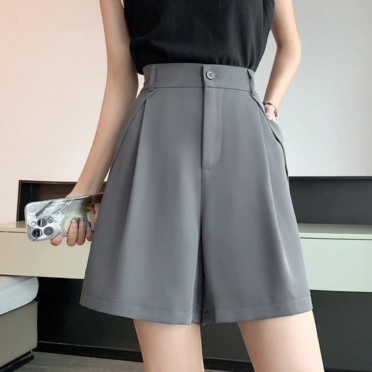 High Waist Women's Casual Shorts 2024 Elegant Minimalism Straight Loose Trousers Suit Shorts