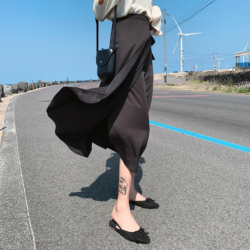 New Stain Women A-Line Long Side Split High Waist Fashionable Umbrella Beach Female Skirt