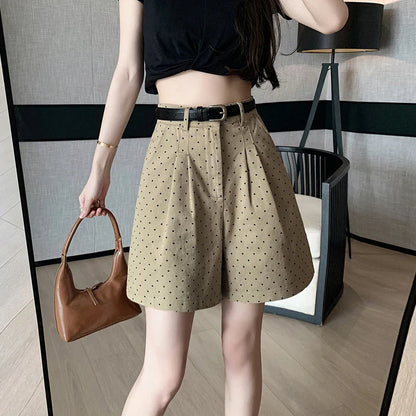 2024 Spring Dots Printed High Waist Loose Wide Leg Pleated Workwear Shorts