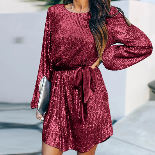 FashionSierra - Sparkly Glitter Sequin Crewneck Long Sleeve Fashion Temperament Elegant Wedding Cocktail Party Dress