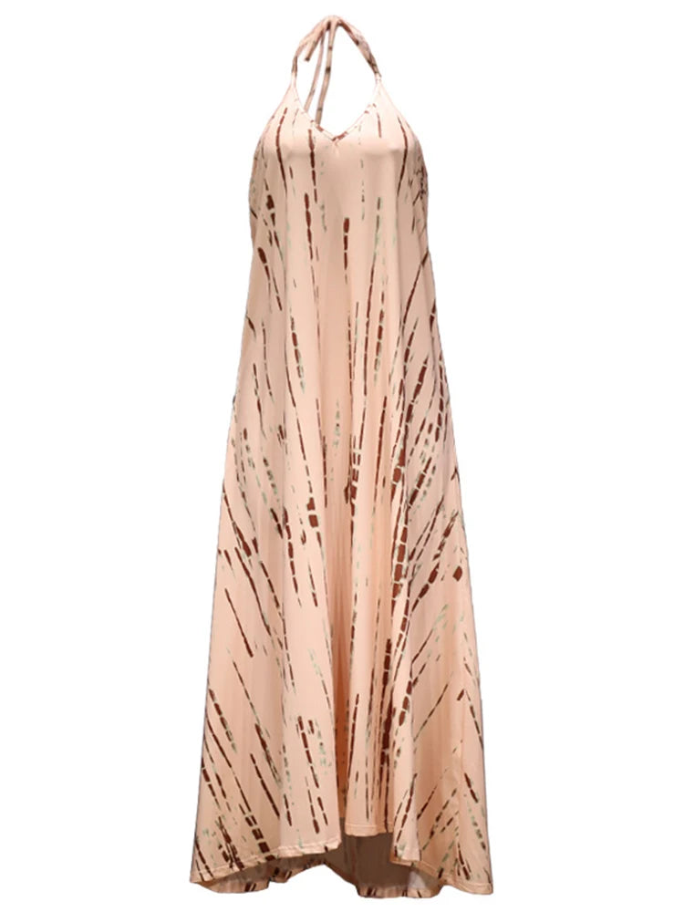 FashionSierra - 2024 Sexy Backless Halter Necktie Printed Boho Dress