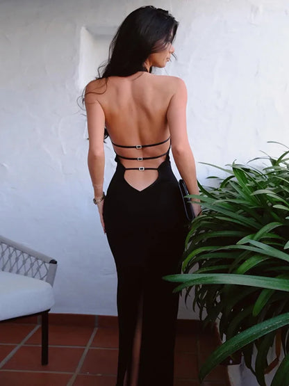 FashionSierra - Backless Halter Elegant Bandage Outfits For Women Summer Club Black Gown Dresses Midi Dress