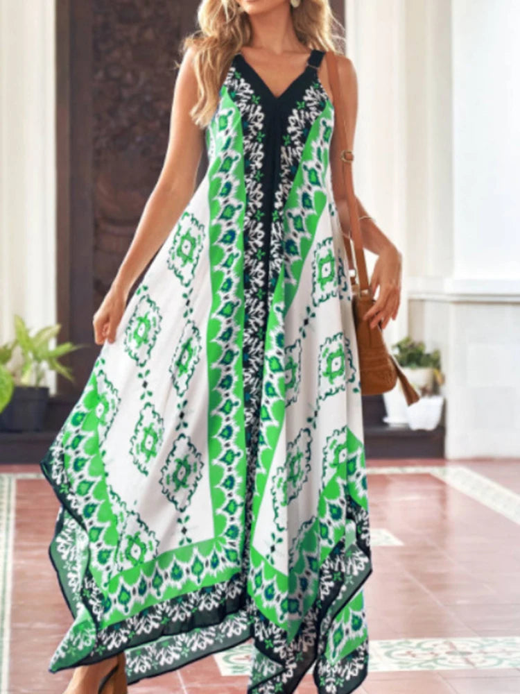 FashionSierra - 2024 Fashion Print Loose Straps Sexy Long Boho Dress