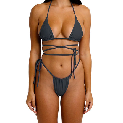 Sexy Solid Color Backless Wrapped Straps Halter Triangle Swimming Bikini Sets
