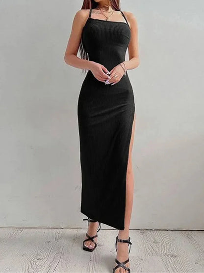 FashionSierra - Black Long Bodycon Women Summer Sleeveless Blackless Halter Neck High Split Vestidos Midi Dress