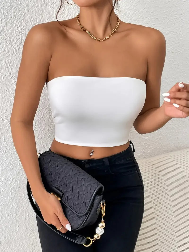 Bodycon Crop Tube Top, Solid Stretchy Every Day Crop Top