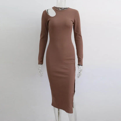 FashionSierra - Cut Out For Women Elegant Fashion O-neck Sleeve Autumn Winter Solid Casual Midi Dress